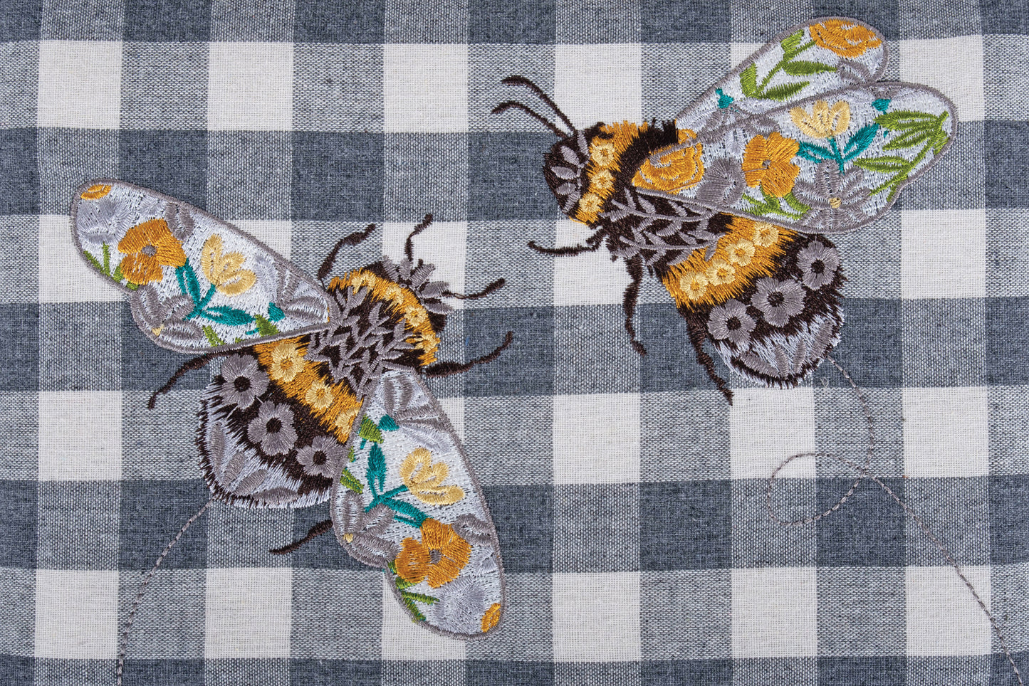Sewing Box (M): Embroidered: Grey Gingham Bees
