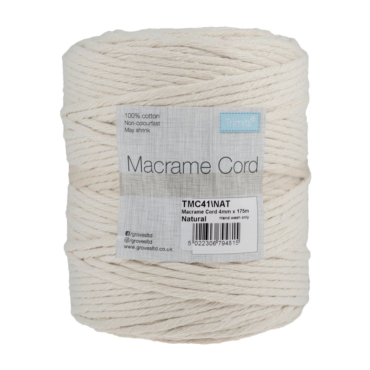 Macramé Cord: Cotton: 175m x 4mm: 1kg: Natural