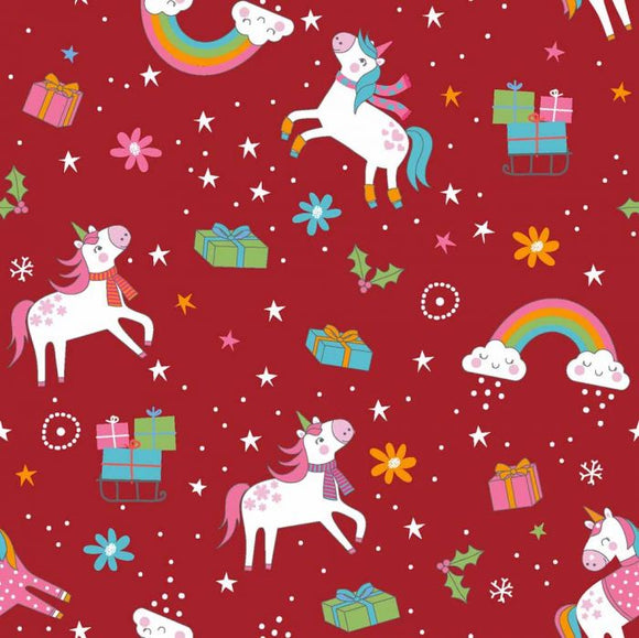 Christmas Cotton Rich Jersey - Festive Unicorn Red