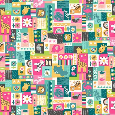 Makower Fabrics - In The Jungle - Montage Pink