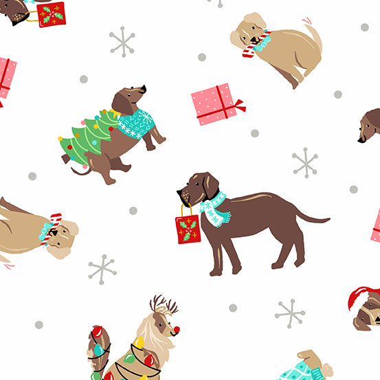Makower Fabrics - Furry and Bright Holiday Dogs White
