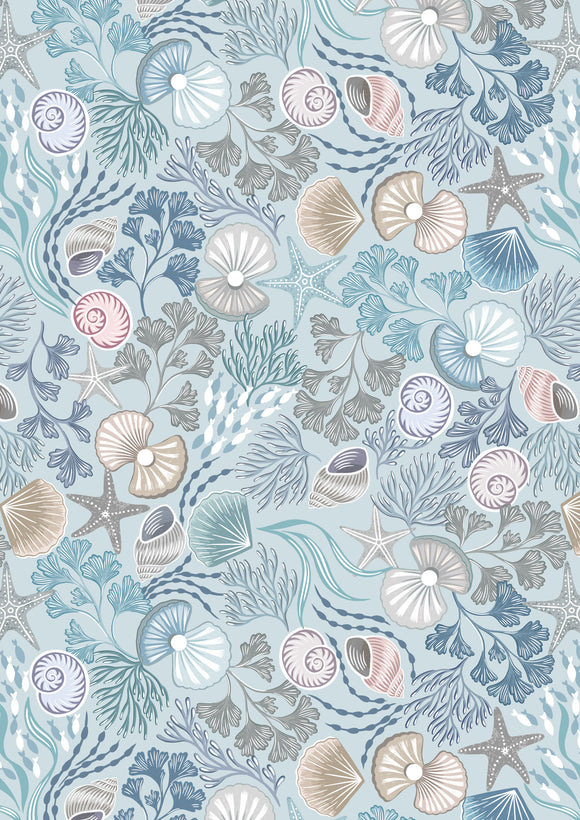 Lewis & Irene - Ocean Pearls - Shells and Pearls on Gentle Blue with Pearl