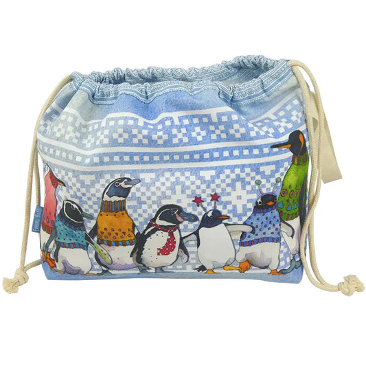 Penguins in Pullovers Drawstring Bag by Emma Ball Ltd