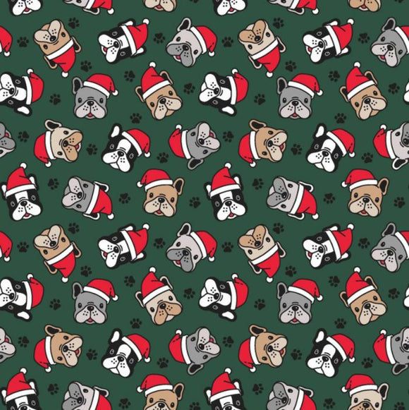 Christmas Cotton Rich Jersey - Festive Pug Green