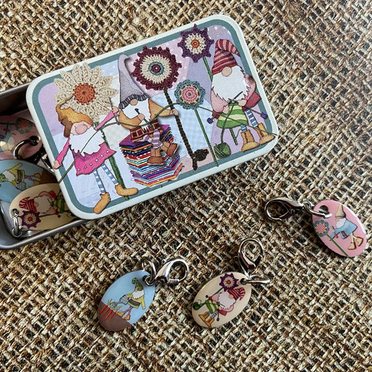 Crafting Gnomes Crochet Stitch Markers in a pocket tin by Emma Ball Ltd