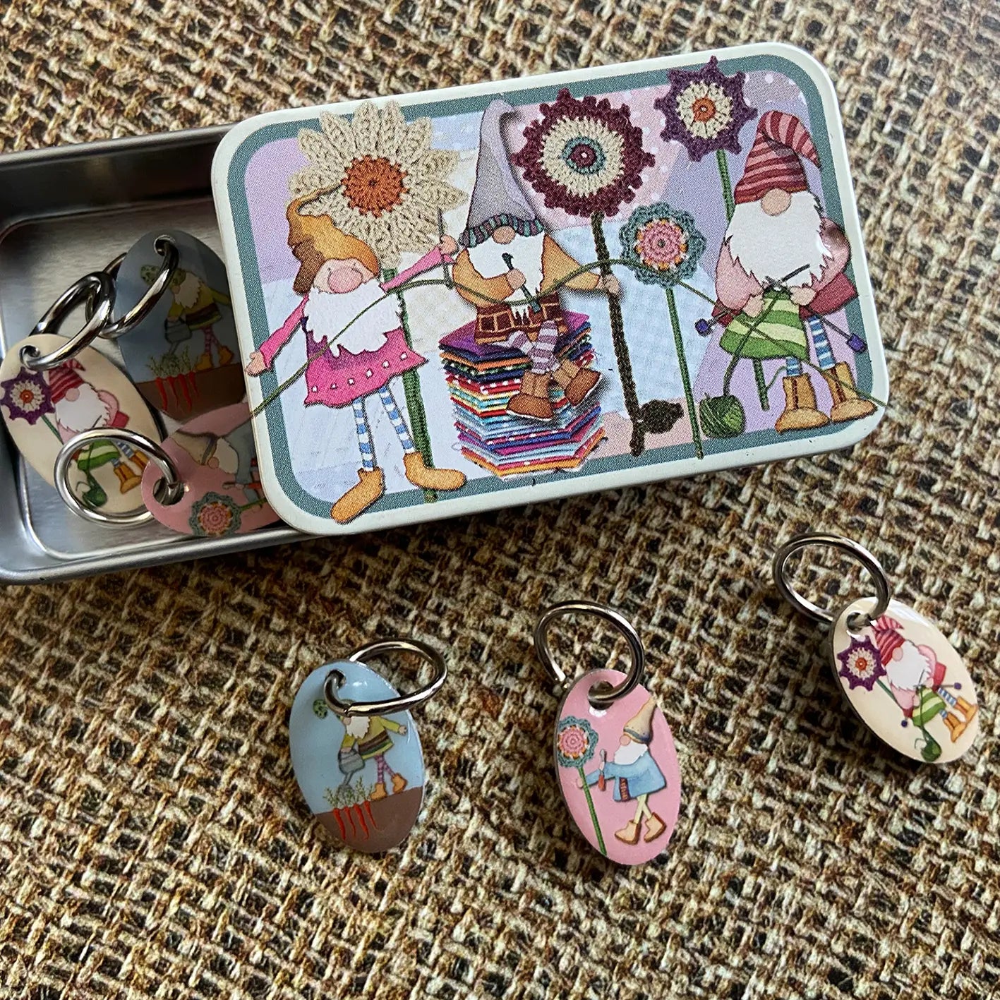 Crafting Gnomes Stitch Markers in a pocket tin by Emma Ball Ltd