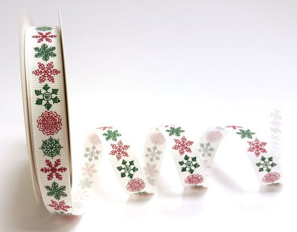 Bertie’s Bows Red & Green Snowflake Print on 16mm White Grosgrain