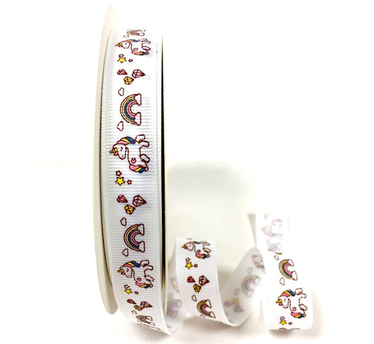 Bertie’s Bows White 16mm Unicorn and Rainbow print grosgrain