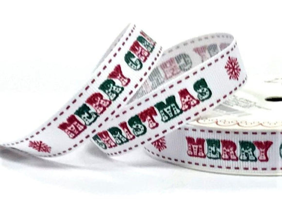 Bertie’s Bows Red & Green Merry Christmas Vintage Font 16mm White Grosgrain Ribbon (3mtr)