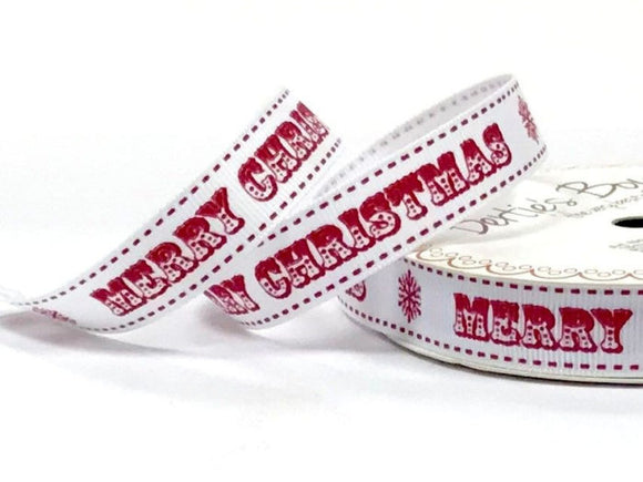 Bertie’s Bows Merry Christmas Vintage Font 16mm White Grosgrain Ribbon (3mtr)