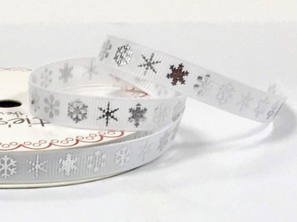 Bertie’s Bows Silver Snowflake Print on 9mm White Grosgrain Ribbon