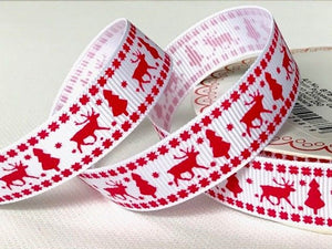 Bertie’s Bows Reindeer & Tree Print on 16mm White Grosgrain Ribbon