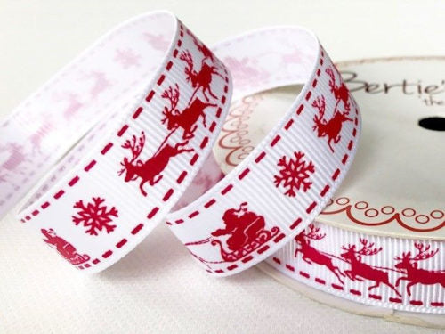 Bertie’s Bows Red Santas Sleigh Print on 16mm White Grosgrain Ribbon