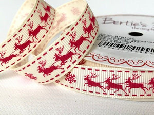 Bertie’s Bows Red Santas Sleigh Print on 16mm Ivory Grosgrain Ribbon
