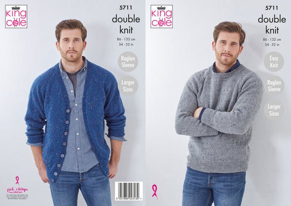 King Cole Knitting Pattern - Cardigan & Sweater Knitted in Big Value Tweed DK 5711