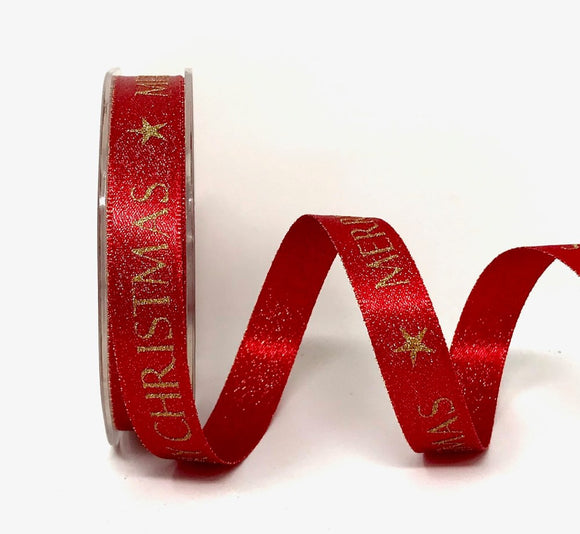 Berties Bows Red 15mm Merry Christmas Stars Sparkle Satin Ribbon