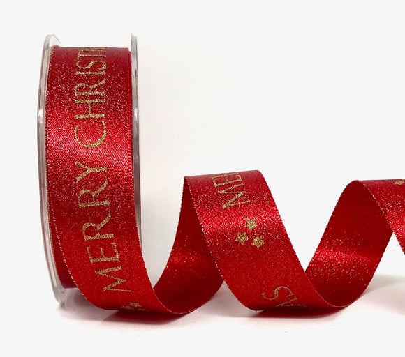 Berties Bows Red 25mm Merry Christmas Stars Sparkle Satin Ribbon