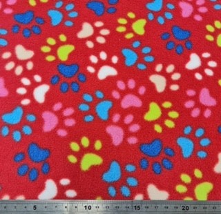 Printed Polar Fleece - Paw Print on Red