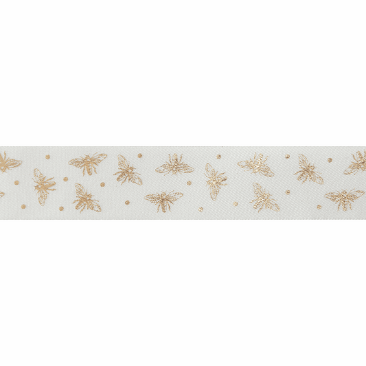 Satin Ribbon - 25mm : Sparkle Bee On White