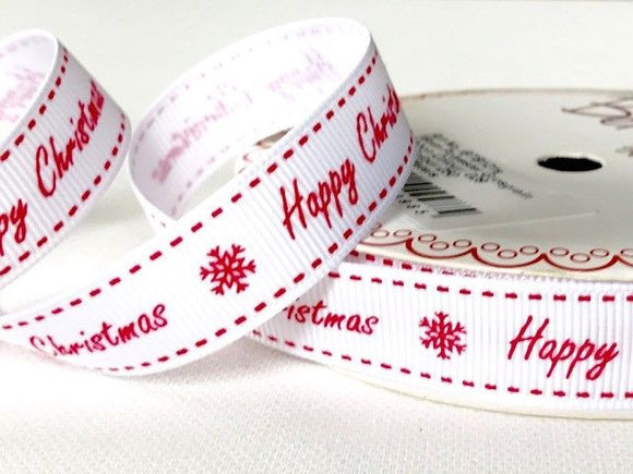 Red Happy Christmas on 16mm White Grosgrain Ribbon