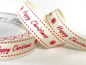 Red Happy Christmas on 16mm Ivory Grosgrain Ribbon