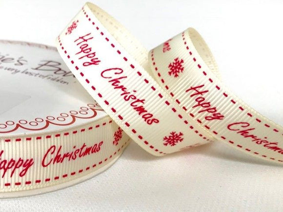 Red Happy Christmas on 16mm Ivory Grosgrain Ribbon