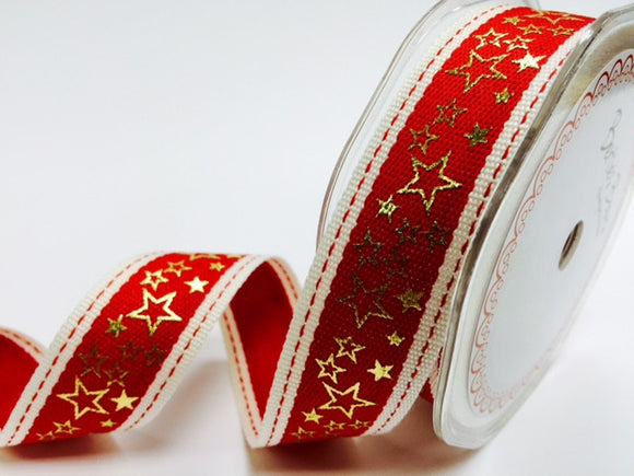 Bertie’s Bows Red Stitched Edge 25mm with Gold Metallic Star Print
