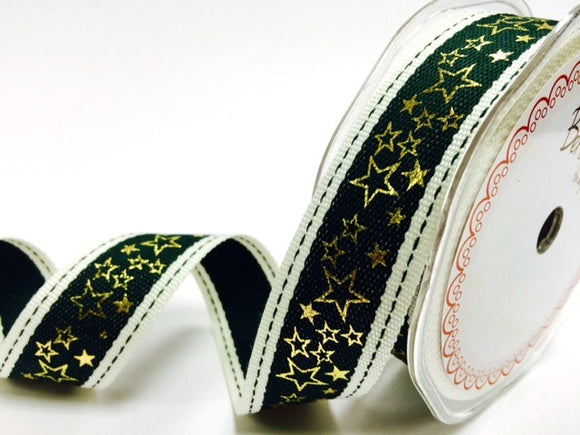 Bertie’s Bows Green Stitched Edge 25mm with Gold Metallic Star Print