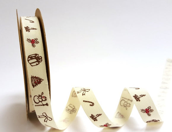 Ivory 15mm Cotton Ribbon with Vintage Style Christmas Icons Print